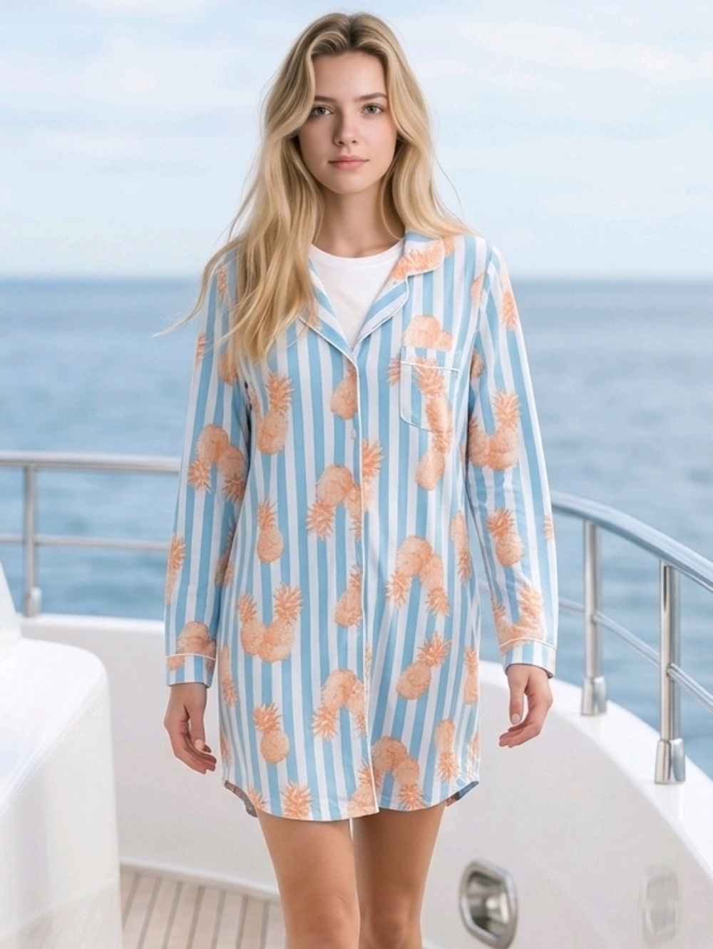 Striped Blue & Peach Pineapple Button-Up  Long Sleeved Nightshirt